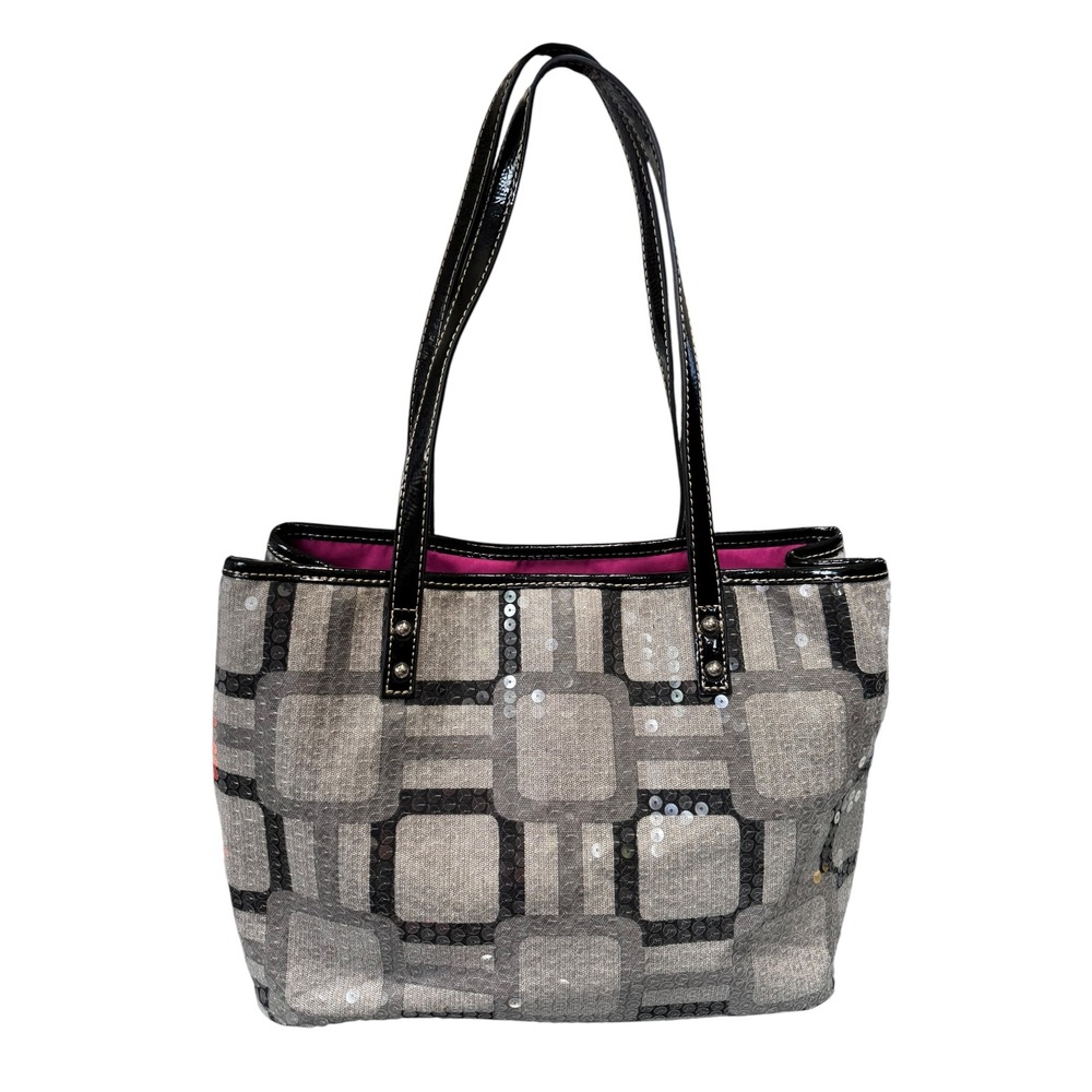 Nine West Sequin Geometric Tote Bag Grey Black Patent Trim Pink Lining